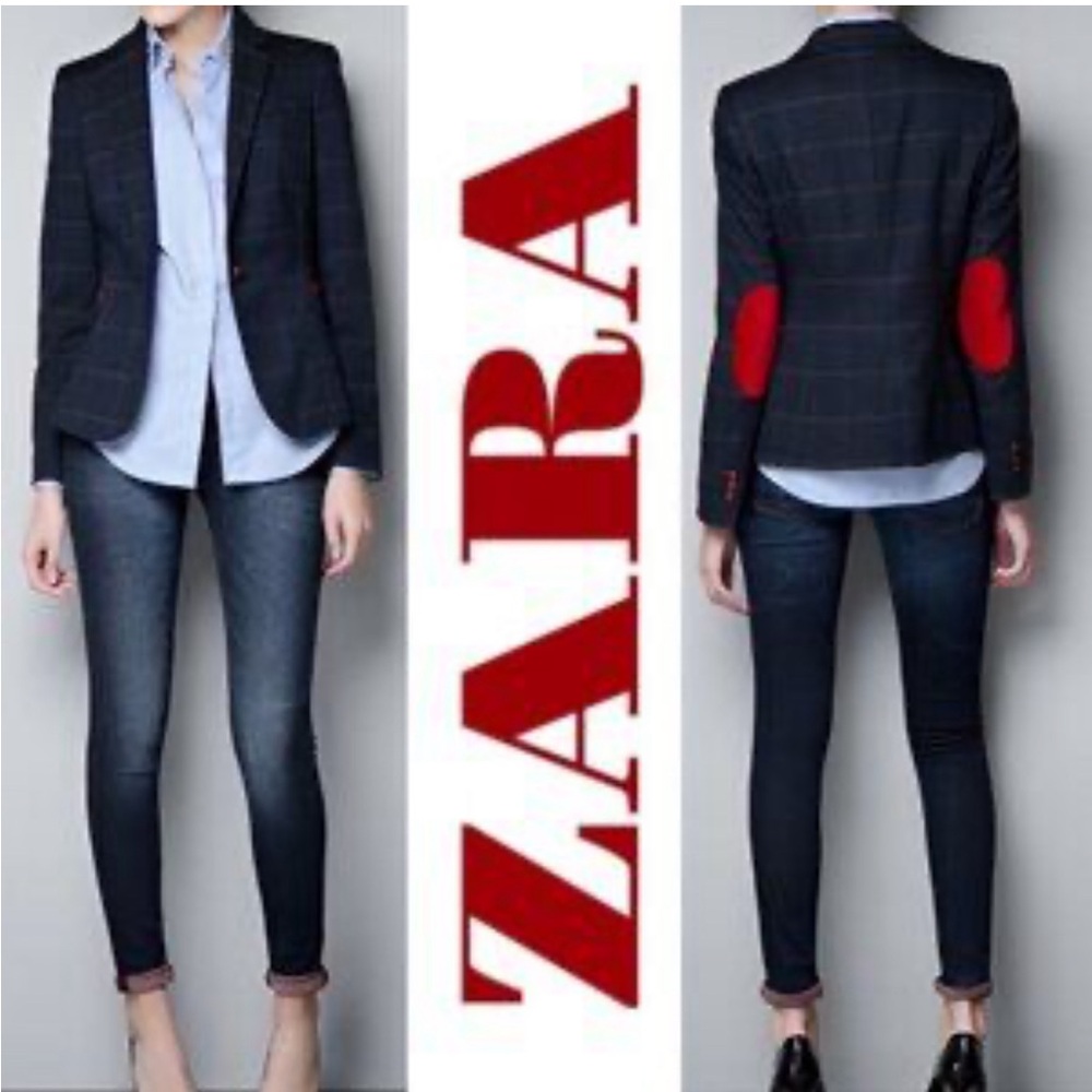 ZARA Navy Plaid Blazer with Red Elbow Patches